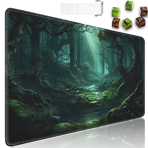 JVGFYNKL MTG Playmat + Drawstring Travel Pouch + 6 Dice Counter, for Tabletop Trading Card Game Playmats or Large Mouse Pad, Anti-Slip Rubber 24 x 14 in, Green Forest TCG Playmat - color: JV-Playmat-1-F-171