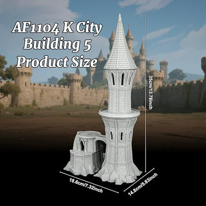 DND Terrain RPG TTRPG Buildings - 25mm Scale Unpainted Gothic Wizard Tower with Bridge & Lookout Scenery, Stone Map Props for Dungeons and Dragons & Wargame - City Building 5 (AF1104 K) - color: Af1104 K City Building 5