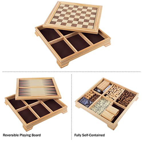 Board Game Set - Deluxe 7-in-1 Classic Board Games - Wood Gaming Center with Storage - Chess, Backgammon, Dominos, Checkers, Dice Set, Cribbage Board, and Playing Cards by Trademark Games - style: 7-in-1 Deluxe