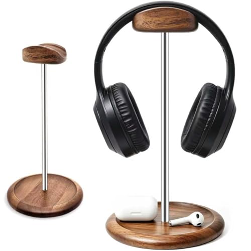 Headset Stand for Desk, Walnut Wood ＆ Stainless Steel Universal Wooden Headphone Holder with Storage Base, Gaming Equipment Accessories, Desk Organizer, Gifts for Gamers Men Boyfriend