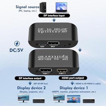 ACHAVE DisplayPort to HDMI and DisplayPort Splitter, 4K MST Hub, Black Metal, 1 Input 2 Output Adapter, Video Signal Converter for PC and 2 Monitors (MacOS Only Supports SST Mode)