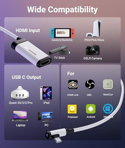 Syntech 2K@30Hz Video Capture Card with 100W PD Charging 5FT Compatible with Quest 3S/3/2, Made for Meta, 4K Input HDMI Female to USB-C Capture Card for Stream VR Game Recording for Switch, PS5, iPad