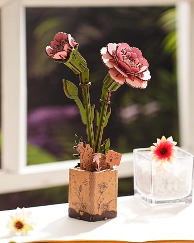 3D Flower Wooden Puzzles for Adults-Pink Carnation, DIY Wooden Flowers Model Kit Building Set Crafts Birthday Gifts, Artificial Botanical Collection Creative Gift Ideas/Housewarming (124PCS) - style: TW - Pink Carnation