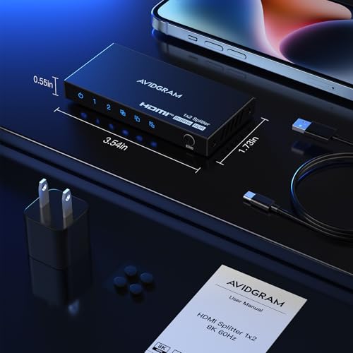 HDMI Splitter 1 in 2 Out 8K 60Hz 4:4:4, AVIDGRAM 2 Port Splitter with Auto, Copy, Downscaler EDID Mode, 4K 120Hz HDMI Duplicator, Compatible with Xbox Series X, PS4 Pro, PS5, Blu-ray Player - size: 8K 60Hz HDMI Splitter 1 in 2 Out