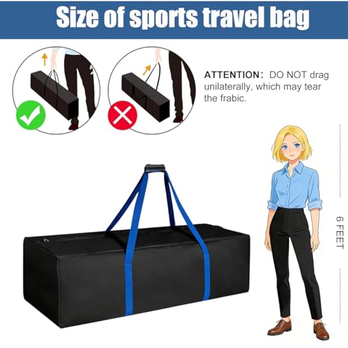 Sports Duffle Bag, 60 Inch Extra Large - Heavy Duty for Travel Gym Camping | 600D PU fabric, reinforced stitching & dual-zipper top. Padded suitcase-style grab handle. Wide blue webbing trim. - size: 60-inch