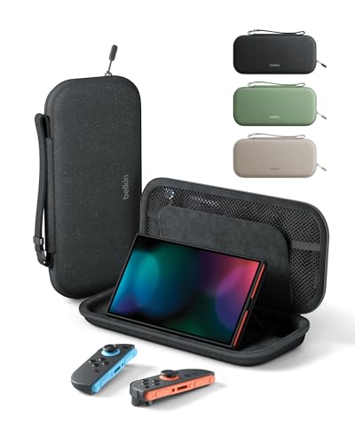 Belkin Nintendo Switch 2 Case, Travel Bag w/AirTag Holder & Storage Pocket for Up to 12 Game Cards - Portable, Lightweight Carrying Case w/Hard Shell, Soft Interior, Switch 2 Accessories - Charcoal - color: Black
