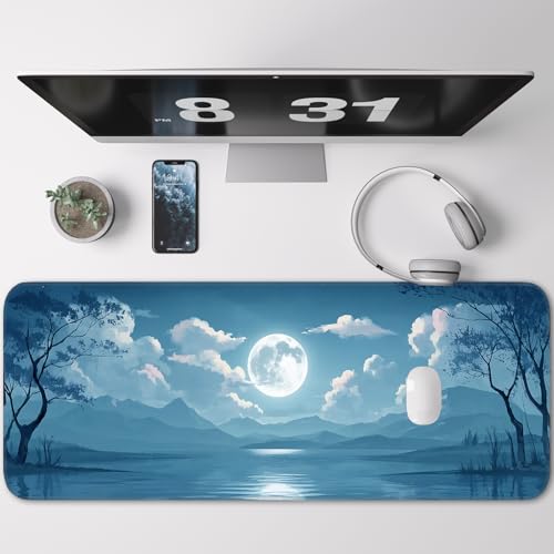 Mouse Pad, Moon Pattern, Non-Slip Rubber Base Gaming Mouse Pad for Home, Office, Gaming, Large 31.5x11.8 Inch Desk Pad - color: Ocean and moon