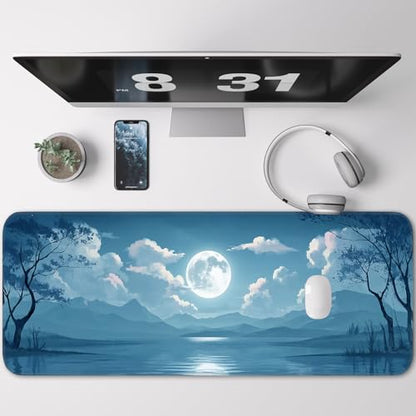 Mouse Pad, Moon Pattern, Non-Slip Rubber Base Gaming Mouse Pad for Home, Office, Gaming, Large 31.5x11.8 Inch Desk Pad - color: Ocean and moon