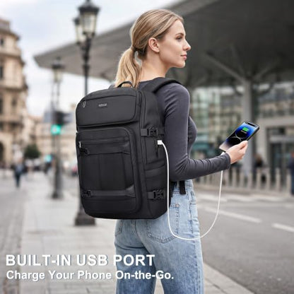PIJUSHI Casual Travel Backpack for Women with 16" Padded Laptop Compartment | Carry On Luggage with USB Charging Port, 1680D Water-Resistant Nylon, Airline Approved, For Daily, Hiking - color: Updated Black