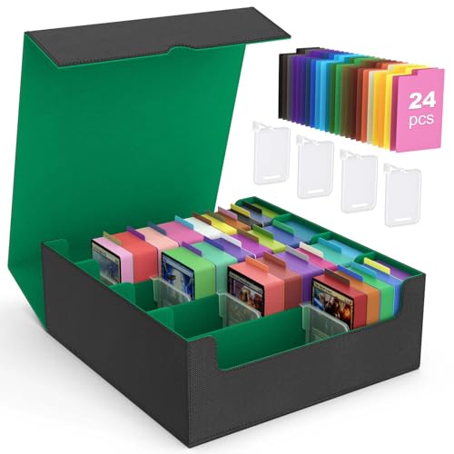 MoKo Trading Card Storage Box for MTG, 3000+ Card Organizer, Green | MTG Deck Box, w/ 24 Colorful Dividers & 4 Card Supporters, MTG Card Storage for Magic Game, TCG, PTG Baseball and Sport Cards - color: Green, size: 4 Slots without side display