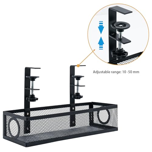 Under Computer Desk Cable Management Tray, No Drill Clamp-On Cord Organizer, Sturdy Metal Wire Tray for Office & Home Desks, Black