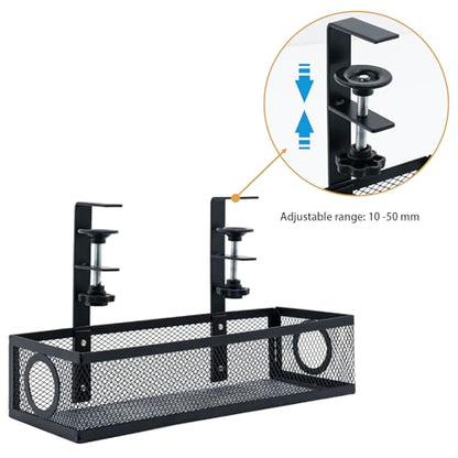 Under Computer Desk Cable Management Tray, No Drill Clamp-On Cord Organizer, Sturdy Metal Wire Tray for Office & Home Desks, Black