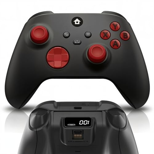 CRUAYA Wireless Gaming Controller Compatible with Xbox Series X|S, Xbox One and Windows PC with Rechargeable 1400mAh Battery Display, Bluetooth Gaming Controller, USB-C, 3.5mm Audio Jack, Black and Red Design