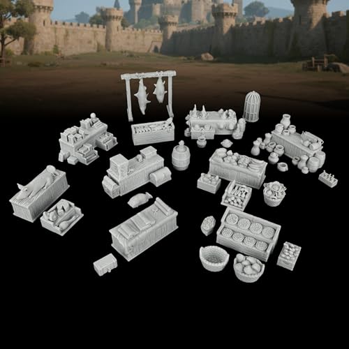 AUSPDICE Fantasy Bazaar Scatter Terrain, 25mm Unpainted Market Goods Set | TTRPG Market Goods with Food Crates, Fish Racks and Pottery for Village Maps, Role Playing Games and Game Masters, AF1104 Q - color: Af1104 Q Market Stall