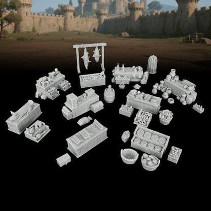 AUSPDICE Fantasy Bazaar Scatter Terrain, 25mm Unpainted Market Goods Set | TTRPG Market Goods with Food Crates, Fish Racks and Pottery for Village Maps, Role Playing Games and Game Masters, AF1104 Q - color: Af1104 Q Market Stall