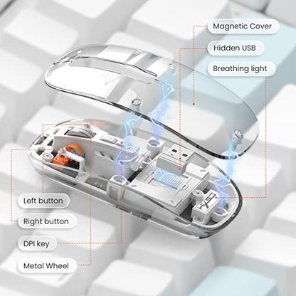 A.JAZZ Wireless Bluetooth5.1&2.4G Mini Lightweight Mouse,Transparent Clear Cool,Rechargeable Silent Computer Mice,Nano USB C Receiver,LED Battery Magic Silm for Office/PC/Mac/Laptop/Apple/ipad(White) - color: White