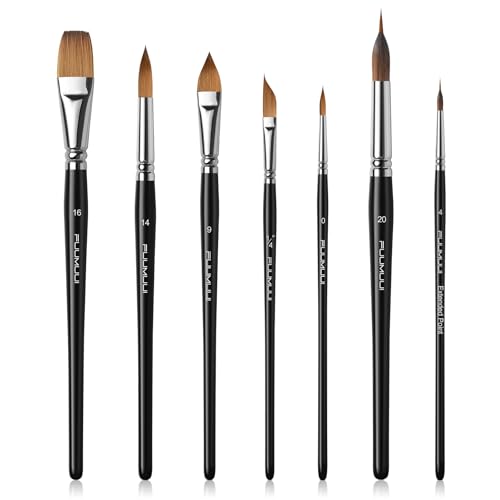 Watercolor Brush Set, Fuumuui 7pcs Professional Sable Paint Brushes with Extended Needle, Round Point, Flat, Dagger, Cat's Tongue for Watercolor, Acrylic, Gouache – Detail & Wash Painting - color: Black7
