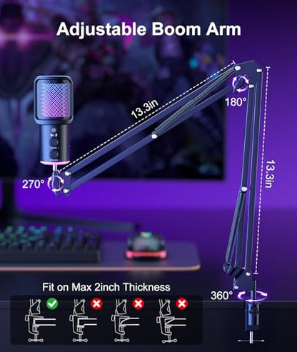 Gaming USB Microphone, Noise Cancellation Condenser Mic with Mute,Boom Arm Mic-Reverb Adjustment, Monitoring for Streaming, Podcasting, Discord, YouTube,PC, Computer, PS4, PS5, Mac