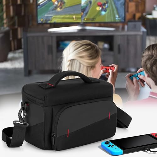 LUXJA Carrying Case Compatible with Nintendo Switch & Steam Deck, Black | Multiple Pockets Shoulder Bag for PlayStation Portal, ROG ally, Console Dock, Joy-Cons, Game Cards and More Accessories