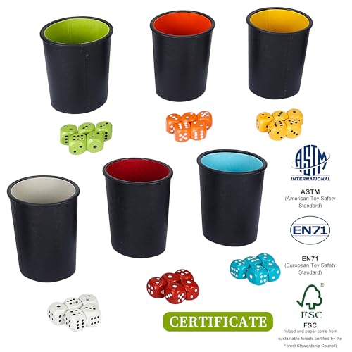 Offelec 6 Pack PU Leather Dice Cups Set with 30 Color Matched Dice, Felt Lined Quiet Shakers for Dice Games Like Bluffing Games, Perfect for Poker Nights & Bar Party Game