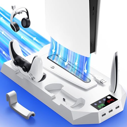 PS5/Slim/Pro Cooling Station for PS5 Disc & Digital Console, PS5 Stand Cooling Fan Charging Station with 3 Level Fan, LED Controller Charger, PS5/Slim/Pro Accessories with 3 USB Hubs & Headset Holder - color: White