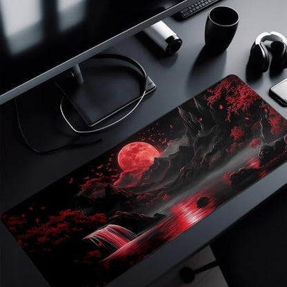 Darkness Red Moon Mouse Pad Abstract Red Mouse Pad 31.5x11.8 Inch Non-Slip Rubber Base Large Mousepad Stitched Edges Keyboard Mouse Mat Desk Pad for Office and Home(2) - color: Darkness Red Moon 2