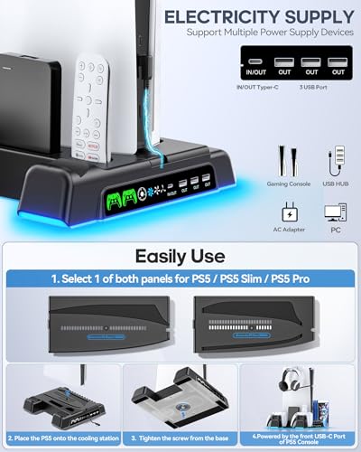 PS5/Slim/Pro Stand and Cooling Station with LED Controller Charging Station for PlayStation 5 Console, Controller Charger, Cooling Stand, PS5/Slim/Pro Accessories Kit with 3 Level Cooling Fan - Black - color: Black