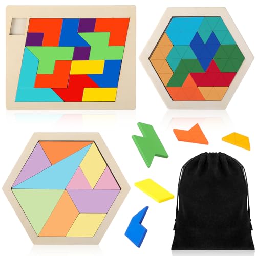 Yunsailing 3 Pack Large Wooden Blocks Puzzles Hexagon Tangram Puzzle Wooden Russian Brain Puzzles for Adult Challenge Teasers Geometric Jigsaw Logic Iq STEM Educational Gift Graduation(Classic) - style: Classic