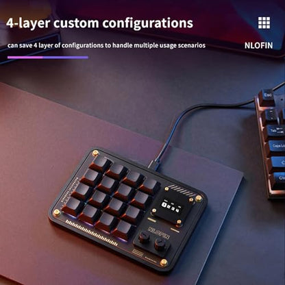 Double Knob Custom Macro Pad Programmable Designer Mini Keyboard 16 Keys with Screen (Black,KB16) - color: Black, size: 16-Key