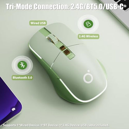 Wireless Gaming Mouse 2.4G/BT/USB-C, Silent Buttons, Matcha Green | Tri-Mode 2.4Ghz/Bluetooth 5.0/Wired USB RGB LED Backlit Rechargeable Ergonomic Optical Mice for iMac/Macbook/Computer/Laptop