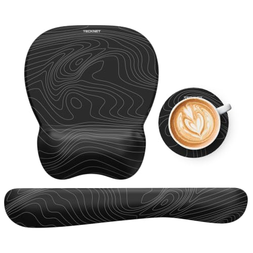 TECKNET Gel Ergonomic Mouse Pad & Keyboard Wrist Rest & Coaster | 3 in 1 Set, Pain Relief, Milk Silk Cloth, Non-Slip PU Base, Easy Typing, Memory Foam Wrist Support for Office & Home - color: Black + Contour Line
