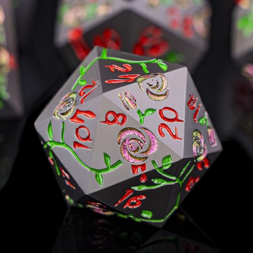 Gothic DND Dice Set Bleeding Rose Metal D and D Dice for use with Dungeons Dragons D&D Role Playing Game, Purple Red RPG Blood Polyhedral Dice Set D20 D12 D10 D8 D6 D4 - color: Purple Red&black&red Numbers