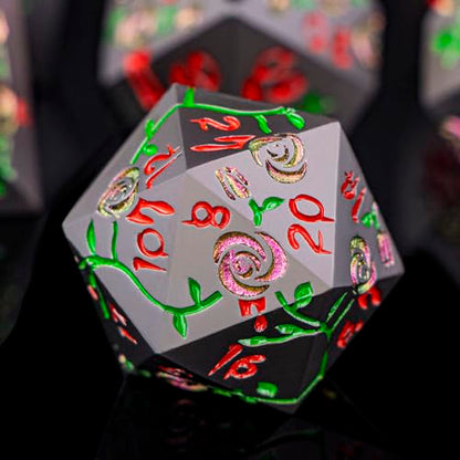 Gothic DND Dice Set Bleeding Rose Metal D and D Dice for use with Dungeons Dragons D&D Role Playing Game, Purple Red RPG Blood Polyhedral Dice Set D20 D12 D10 D8 D6 D4 - color: Purple Red&black&red Numbers