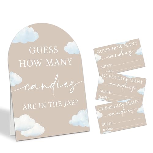 Guess How Many Candies Are In The Jar Game Set, 50 Guess Cards With 1 Standing Sign, Watercolor Clouds Baby Shower Game Kit, Neutral Gender Reveal Party Decor & Activity Supplies - A07 - color: Watercolor Clouds