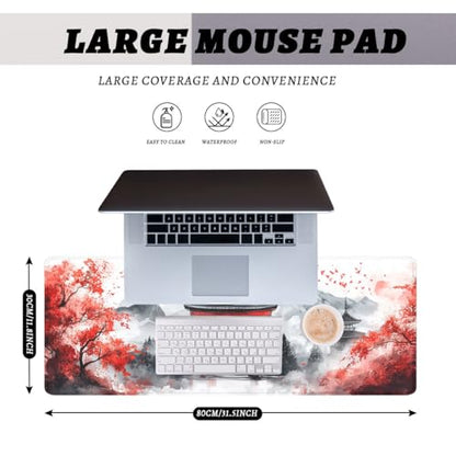 Japanese Gaming Mouse Pad Mountains Cherry Blossoms Watercolor Large Gaming Mouse Mat with Stitched Edges,Non-Slip Waterproof Rubber Base Mous Mat 31.5"x11.8" - color: Japanese, size: 31.5L x 31.5W inches