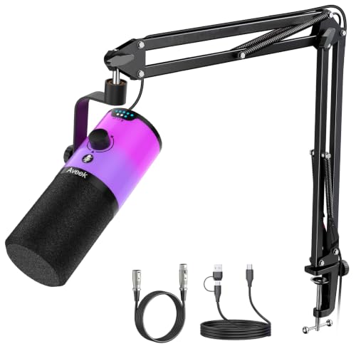 Aveek USB/XLR Dynamic Microphone with Boom Arm for Gaming & Streaming | RGB Lighting, Noise Cancellation, One-Touch Mute, Monitor Mix & Headphone Jack for PC & PS5