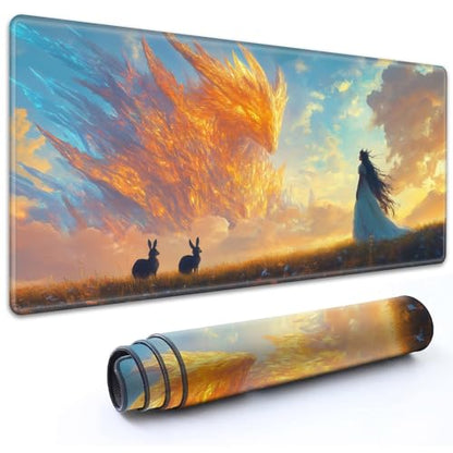 MTG Playmat 24" x 14" with High Elastic Rubber Base Non-Slip Rubber HD Fade-Resistant Printing Durable TCG Gaming for Card Games Desk Mat & Mouse Pad, Fire and Ice Phoenix with Girl - color: Fire and Ice Phoenix With Girl, size: 24" x 14"