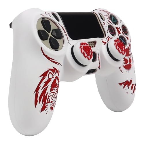 Lion Design Controller Skin Cover with 2 Thumb Grips Compatible with PS4/Playstation 4 Slim/Pro Controller - color: Lion White Red