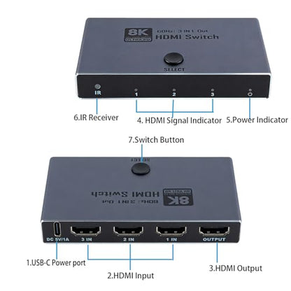 8K HDMI Switch: HDMI 2.1 Switcher 3 in 1 Out Supports CEC 8K@60Hz, 4K@240Hz, HDCP 2.3 HDR 3D Dolby Atmos VRR IR Remote Compatible with Popular Gaming Consoles and Media Devices
