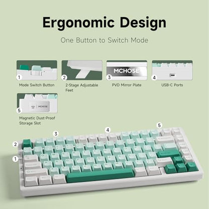MCHOSE G75 PRO 75% Wireless Mechanical Keyboard, TKL Keyboards Tri-Mode BT5.0/2.4GHz/USB-C, Hot Swap Custom Creamy Keyboards Linear Switch, Double Shot PBT Keycaps RGB LED Backlit, White&Green - color: Green