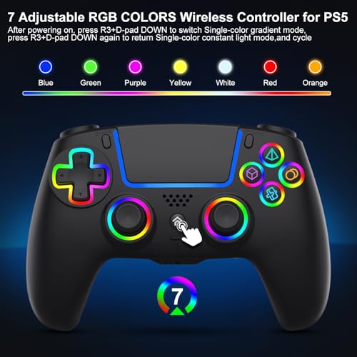 ADHJIE Compatible with PS5 Controller, RGB LED Wireless Controller for PS5 | PS5 Slim/PS5 Pro/PC with 3.5mm Audio Headset Jack,1000mAh Built-in Battery, Turbo, Dual Vibration, Black