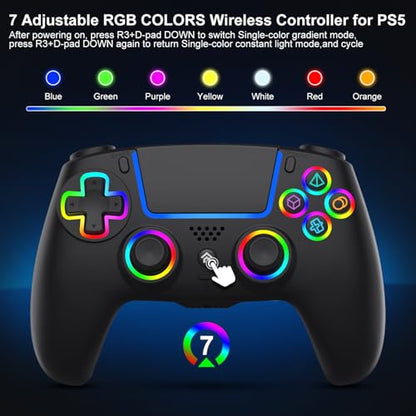 ADHJIE Compatible with PS5 Controller, RGB LED Wireless Controller for PS5 | PS5 Slim/PS5 Pro/PC with 3.5mm Audio Headset Jack,1000mAh Built-in Battery, Turbo, Dual Vibration, Black