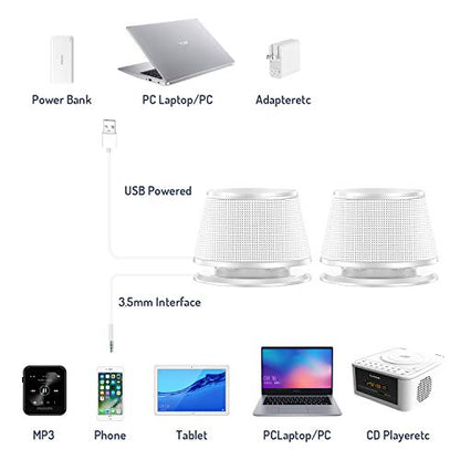 Sanyun SW102 Computer Speakers, 5Wx2, Deep Bass from Compact Cabinet, Stereo 2.0 USB Powered 3.5mm Aux Multimedia Speakers, Built-in Passive Bass Radiators, PC Laptop Desktop Speakers, White - color: White