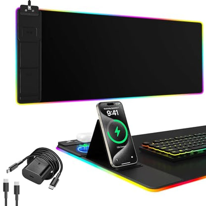 Mouse Pad with Phone Holder, Wireless Charging Desk Mat, RGB Gaming Mousepad Home Office Large Desk Pad with Ultra-Smooth Surface, Non-Slip Base, Waterproof Keyboard Pad,Black with 20W USB C Charger - color: 31.5x15.75"Phone Stand-Black w/PD Charger