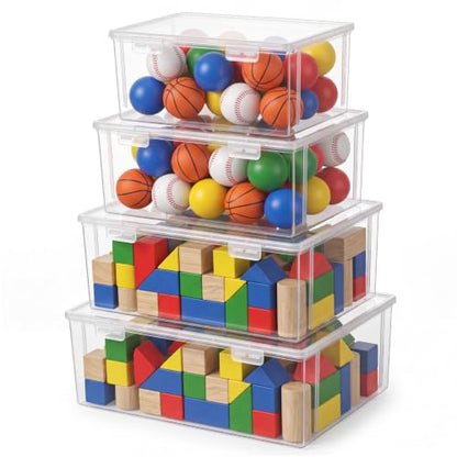 Gerrii 4 Pack Extra Large Board Game Storage Organizer Box, Plastic Storage Container 12.5"/ 11.3"/ 10.1"/ 9" with Latch Lid, Stackable Craft Paper Case for Puzzles, Cards, Chess Pieces, Art Supplies - size: 12.5"/ 11.3"/ 10.1"/ 9"