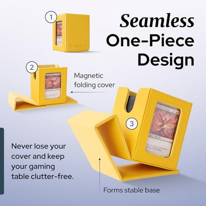 Commander Deck Box MTG 100 Card Holder with Display Window Yellow | PU leather, 4 N52 magnets, fits 100 double-sleeved cards, display window, durable, portable, secure closure - color: Yellow, size: 110+