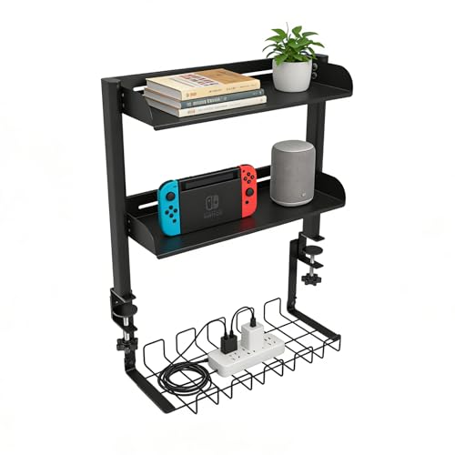 3 Tier Clamp on Desk Shelf,Desktop Organizer with Under Desk Hidden Basket | Adjustable clamp storage shelves for 0.4-1.8''desktop,no drilling,hooks,for home office,study room,working,gaming accessories - color: Black With Basket
