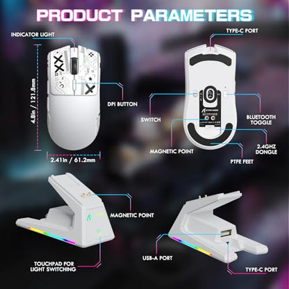ATTACK SHARK X1 Ultralight Tri Mode Wireless 40000 DPI Gaming Mouse-White | Magnetic RGB Charging Dock,Anti Slip Grip Tape,PixArt PAW3395 Pro Optical Sensor,BT/2.4Ghz/Wired,Driver for PC Win Mac Gamer - color: White+Grip Tape