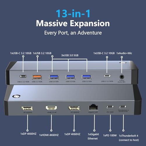 13-in-1 Laptop Docking Station 3 Monitors for Mac and Windows, USB C Hub with Triple 4K@60Hz (2DP+1HDMI), 100W PD Charging, One-Click Screen Off Switch, 10Gbps Data, Gigabit LAN, for Office and Gaming - style: 13 IN 1