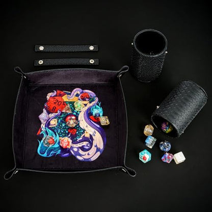 3 in 1 DND Dice Tray with Two Dice Cup Set, PU Leather Portable Folding Dice Rolling Tray for RPG Board Games and Pub Party Games - color: Black